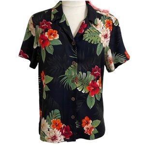RETRO Womens Hawaiian Tropical Shirt Button Down Black Green Orange Size Small